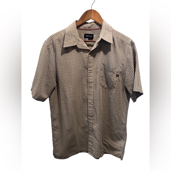 Marmot Mens Medium Tan Check Print Button up Shirt Soft S/S Square Tail - Picture 1 of 8